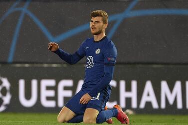 epa09164147 Chelsea's Timo Werner reacts during the UEFA Champions League semifinal first leg soccer match between Real Madrid CF and Chelsea FC at Alfredo Di Stefano stadium in Madrid, Spain, 27 April 2021. EPA/JUANJO MARTIN