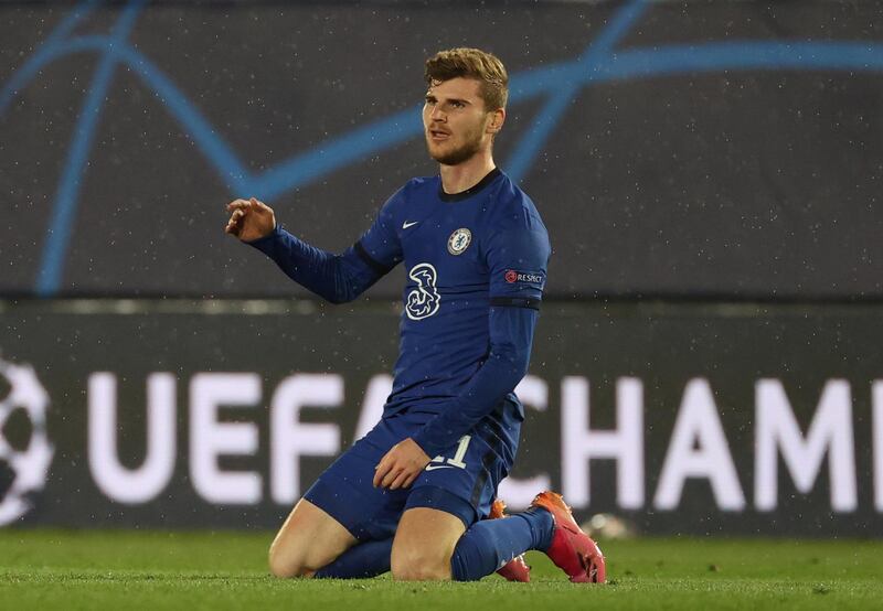 epa09164147 Chelsea's Timo Werner reacts during the UEFA Champions League semifinal first leg soccer match between Real Madrid CF and Chelsea FC at Alfredo Di Stefano stadium in Madrid, Spain, 27 April 2021.  EPA/JUANJO MARTIN