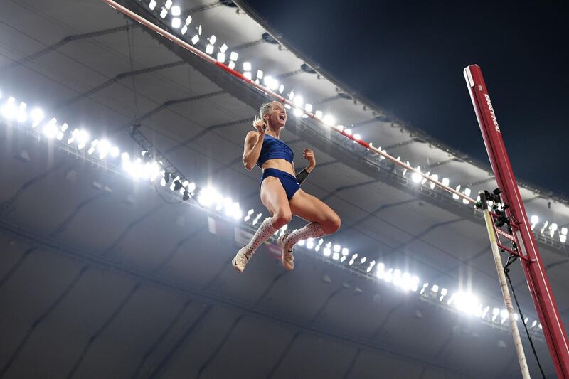 Russia's Anzhelika Sidorova reacts after a successful jump in the women's pole vault final at the World Athletics Championships in Doha on Sunday, September 29. AFP