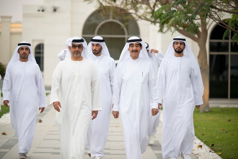 Sheikh Saud bin Rashid Al Mualla, Ruler of Umm Al Quwain, is welcomed by Sheikh Hamed bin Zayed at Al Bateen Palace. Omar Al Askar / UAE Presidential Court