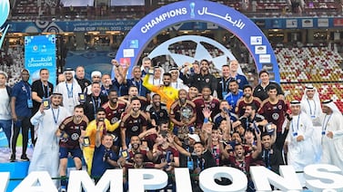 Al Wahda players and coaching staff celebrate after beating Al Ain in the ADIB Cup final at Mohamed bin Zayed Stadium in Abu Dhabi on Friday, May 4. Photo: Al Wahda FC