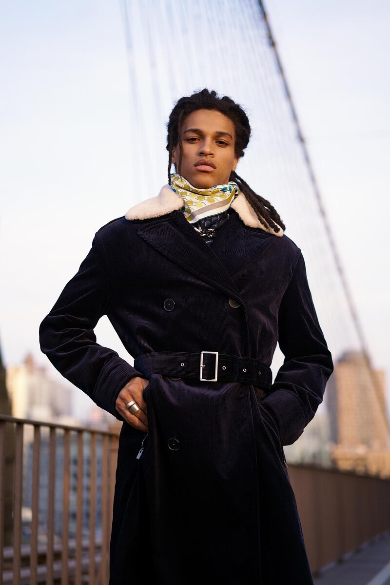 BROOKLYN-BOUND: Photography | Pavel Denisenko
fashion direction | sarah maisey
styling | Colin Anderson

Flatbush avenue (opposite)
Coat, Dh18,100; scarves, Dh1,575 each, all from Herm��s. Rings, from Dh1,380, both from Title 
of Work