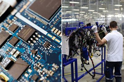 Semiconductor chips, left, and electrical wiring looms, right, have been lesser-spotted commodities in recent times. Reuters; Getty Images