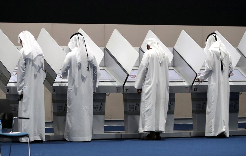 ABU DHABI,  UNITED ARAB EMIRATES , OCTOBER 3 – 2019 :- Residents casting their votes for the FNC elections held at the ADNEC in Abu Dhabi. ( Pawan Singh / The National ) For News. Story by Haneen