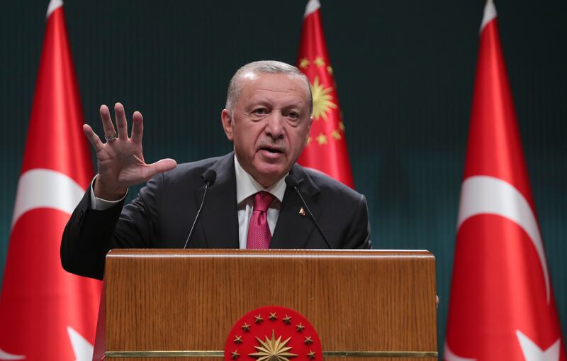 Turkish President Recep Tayyip Erdogan after a Cabinet meeting, in Ankara on Monday. Turkish Presidency / AP