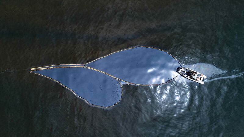 An drone photograph of clean-up operations in the Ventanilla Sea, north of Lima, Peru, after an oil spill. EPA