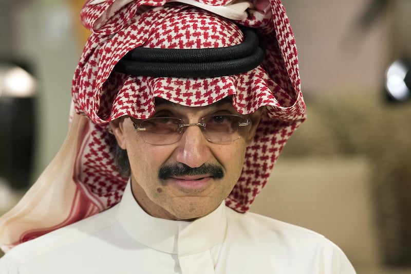 FILE: Prince Alwaleed Bin Talal, Saudi billionaire and founder of Kingdom Holding Co., looks on during a Bloomberg Television interview at the MiSK Global Forum event in Riyadh, Saudi Arabia, on Wednesday, Nov. 16, 2016. Saudi Arabia’s King Salman embarked on the most sweeping crackdown yet of his reign, ordering security forces to arrest senior princes including one of the world’s richest men and driving out one of the most prominent officials from his ministerial role. Those detained included billionaire Prince Alwaleed bin Talal, who was picked up at his desert camp outside Riyadh, according to a senior Saudi official. Our editors select the best archive images of Prince Alwaleed bin Talal. Photographer: Mohammad Obaidi/Bloomberg