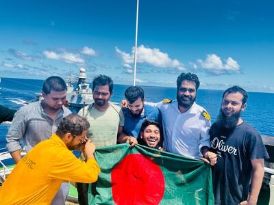 Sailors held hostage by Somali pirates for more than a month on the Bangladesh-flagged MV Abdullah celebrate after being released. Photo: SR Shipping