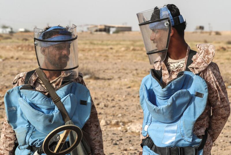 Yemeni soldiers loyal to the Saudi and UAE-backed government attending a mine clearance and dismantling training centre funded by the UAE armed forces, along the coast north of the southeastern port city of Mukalla. AFP