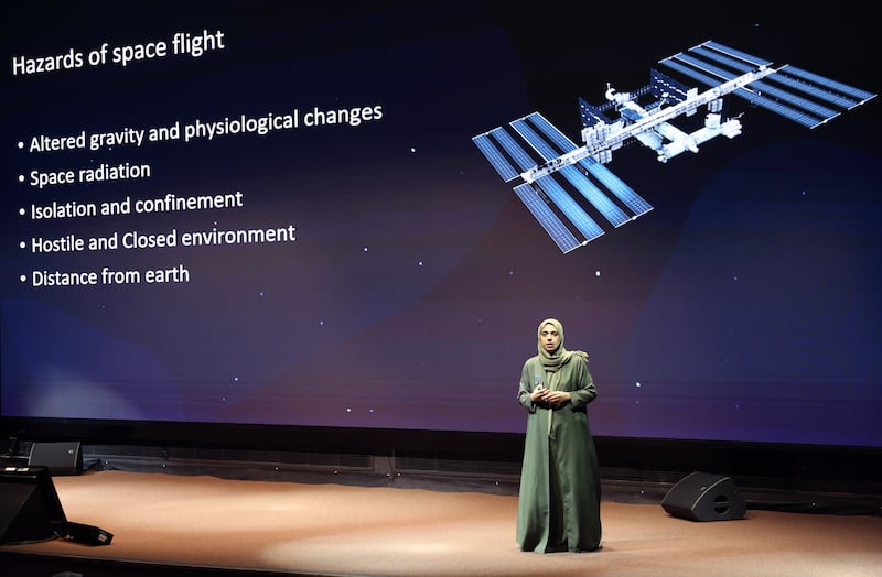 Dr Hanan Al Suwaidi speaks during a conference in Dubai, on June 7. The Mohammed Bin Rashid Space Centre organised a live call titled 'A Call From Space' for Medical Science Edition with astronaut Sultan Al Neyadi, who is in the International Space Station (ISS) for a science expedition mission. EPA