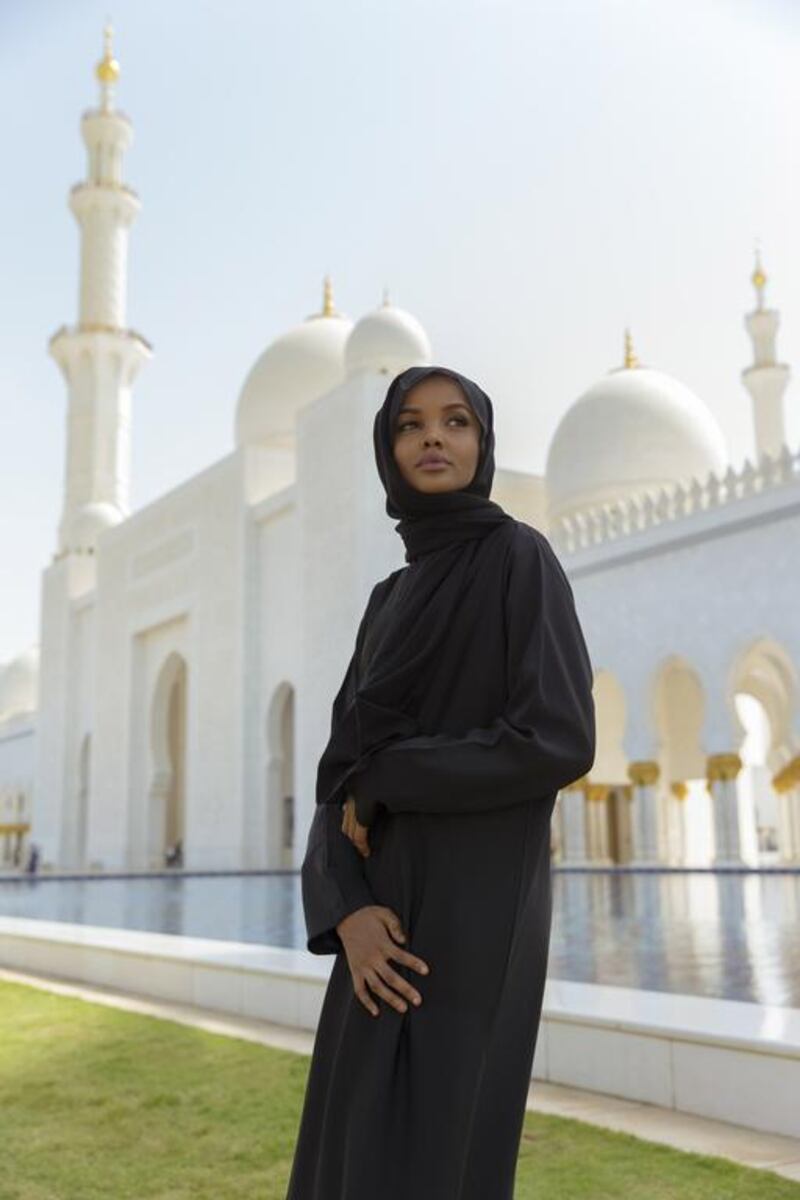 Halima Aden spoke about fasting during lockdown in 2020, and said: 'Being home, I’ve really been able to focus on the practice and take the time to appreciate the meaning'. She is seen here at Abu Dhabi's Sheikh Zayed Grand Mosque. Courtesy Etihad Airways