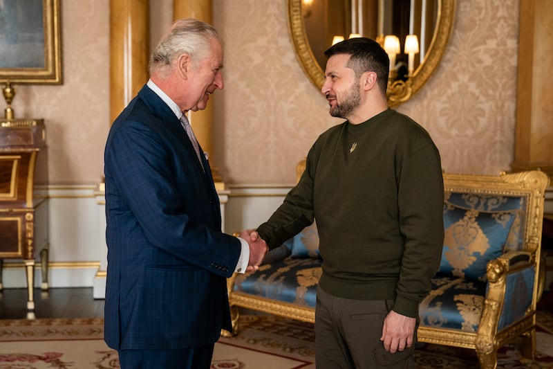 King Charles holds an audience with Ukrainian President Volodymyr Zelenskyy at Buckingham Palace in February 