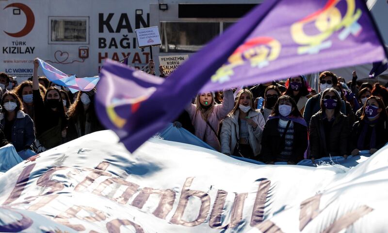 Activists attend a gathering to protest against Turkey's withdrawal from Istanbul Convention, an international accord designed to protect women, in Istanbul, Turkey. Reuters