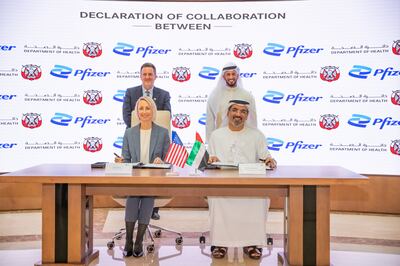 The deal was signed by Dr Jamal Al Kaabi, undersecretary of the Department of Health, and Lindsey Dietschi of Pfizer. Photo: Wam