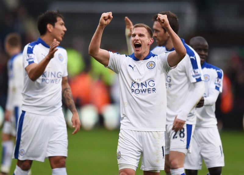 Leicester City’s Marc Albrighton celebrates winning after the game. Action Images via Reuters / Tony O’Brien