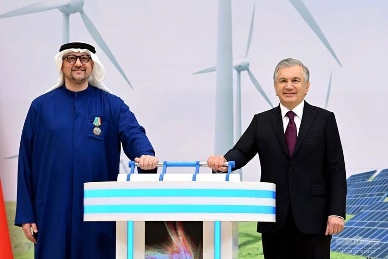 Uzbekistan President Shavkat Mirziyoyev and Mohamed Al Ramahi, chief executive of Masdar, at the grid connection ceremony. Photo: Masdar