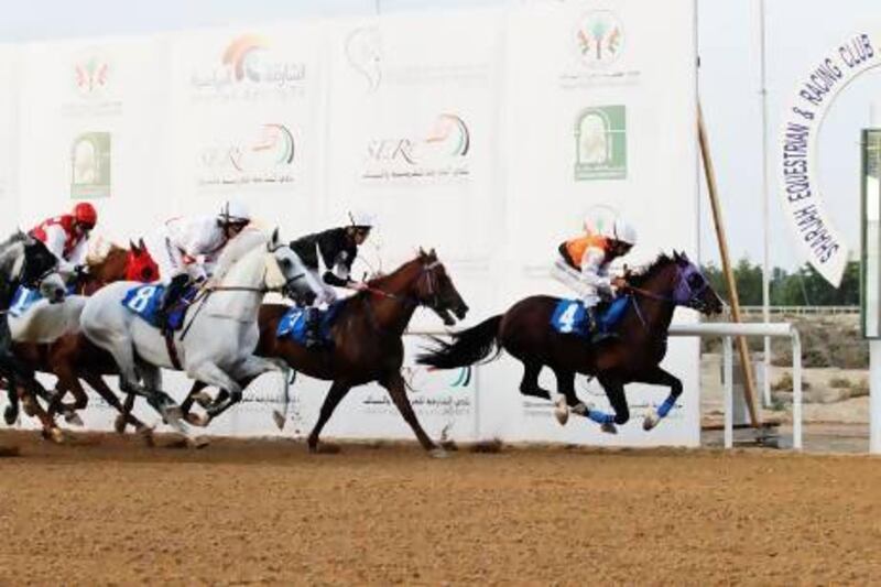 Emirati jockey Ahmed Ajtebi guides Knife to the victory in the featured event at Sharjah Equestrian and Racing Club on Saturday.