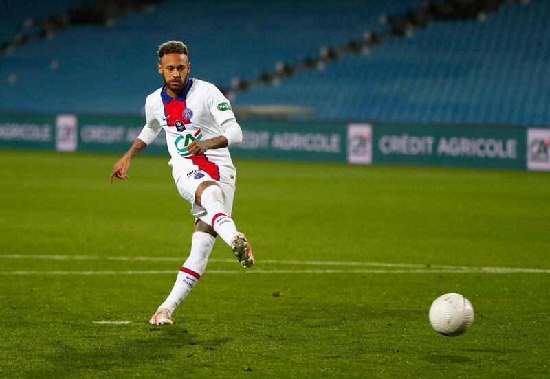 Neymar steps up to convert his penalty in the shootout. EPA