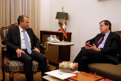 Lebanese Foreign Minister Gebran Bassil meets with Acting Assistant U.S. Secretary of State David Satterfield in Beirut, Lebanon February 16, 2018. REUTERS/Mohamed Azakir