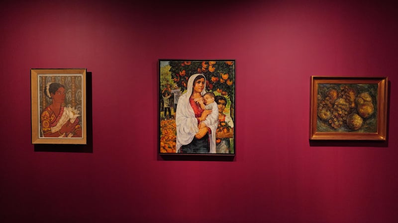 From left, The Lotus Girl by Nazek Hamdy (1955); Madonna of the Oranges by Ismail Shammout (1997); Still Life by Amy Nimr (n.d.) Photo: Barjeel Art Foundation