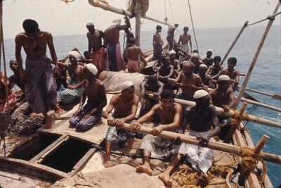 The crew of an Abu Dhabi pearling ship in 1971. The picture was captured by Canadian photographer, filmmaker and traveller Alain Saint-Hilaire.