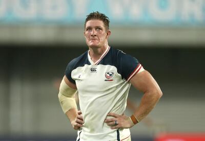 KOBE, JAPAN - SEPTEMBER 26: John Quill of USA reacts after being sent off for a tackle on Owen Farrell of England during the Rugby World Cup 2019 Group C game between England and USA at Kobe Misaki Stadium on September 26, 2019 in Kobe, Hyogo, Japan. (Photo by David Rogers/Getty Images)