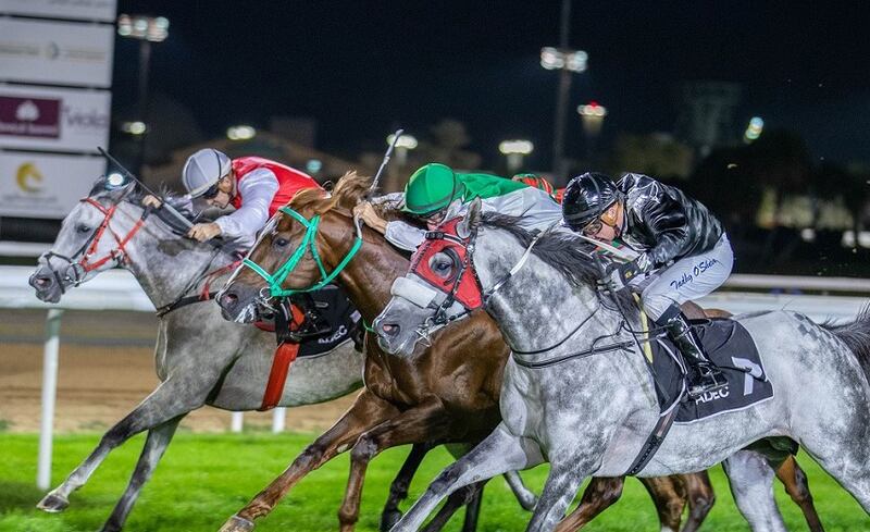 AF Majalis under Tadhg O’Shea, right, prevails in a photo finish, ahead of Gold Silver and Bshara. The trio meet again in the Group 3 Al Ruwais in Abu Dhabi on Thursday. Photo: Adiyat Racing Plus