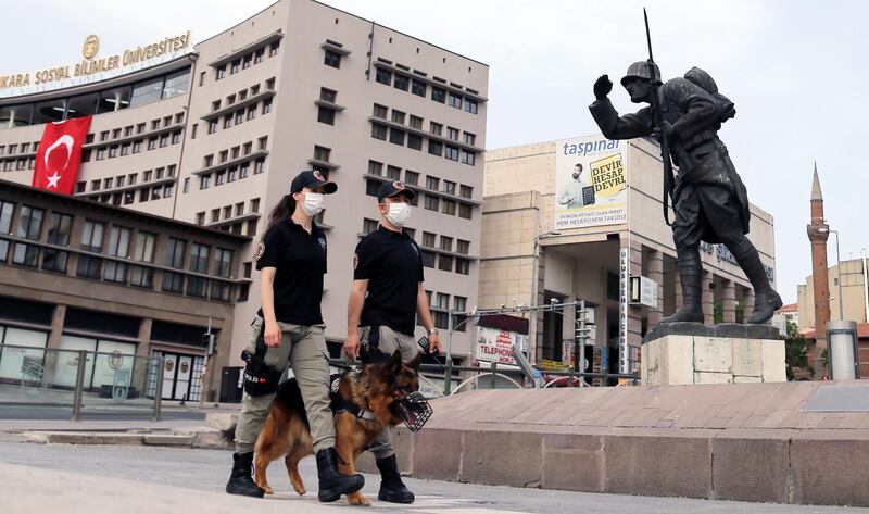 Ankara's mounted police unit officers patrol with dogs the streets in the Ulus district in Ankara, Turkey.   AFP