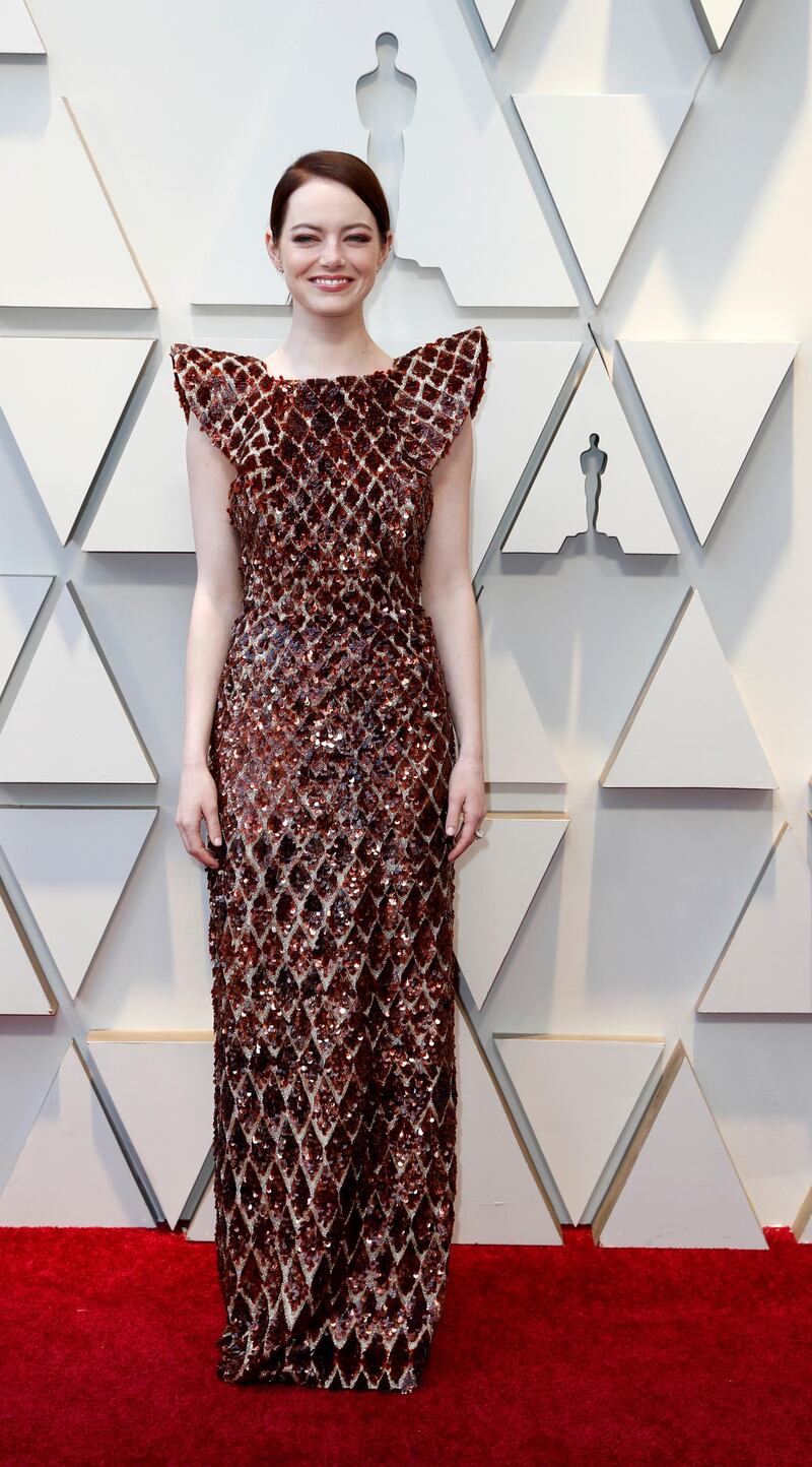 epa07395040 Emma Stone arrives for the 91st annual Academy Awards ceremony at the Dolby Theatre in Hollywood, California, USA, 24 February 2019. Dress by Louis Vuitton. The Oscars are presented for outstanding individual or collective efforts in 24 categories in filmmaking.  EPA-EFE/ETIENNE LAURENT