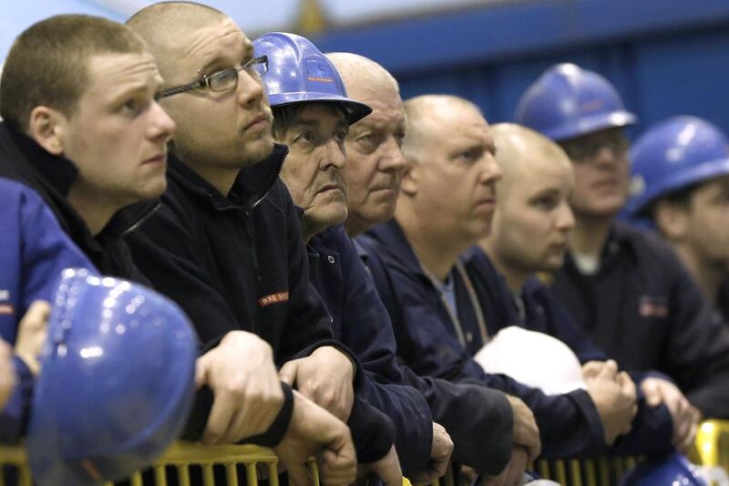 BAE Systems workers listen to a speech by Britain’s defence secretary Philip Hammond at the company’s Barrow-in-Furness shipyard on March 13. Phil Noble / Reuters