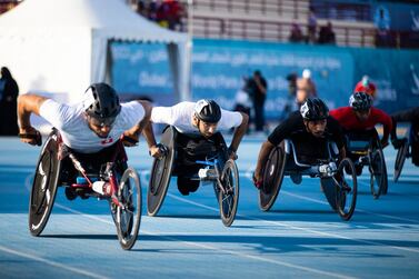 Mohammed Al Hammadi, second from left, in the 800-metre t34 wheelchair final in the Dubai 2022 World Para Athletics Grand Prix Fazza International Para Athletic Championships at the Dubai Club for People of Determination on Monday, March 21, 2022. Photo: Yahya Essa