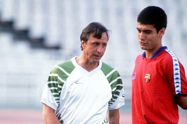 Mandatory Credit: Photo by Imago/Shutterstock (8473574a) Barcelona Coach Johan Cruyff (l) in Conversation with Pep Guardiola (r) File Photo Dated 20/7/1993 File Photo of Johan Cruyff and Pep Guardiola - 16 Jul 2008