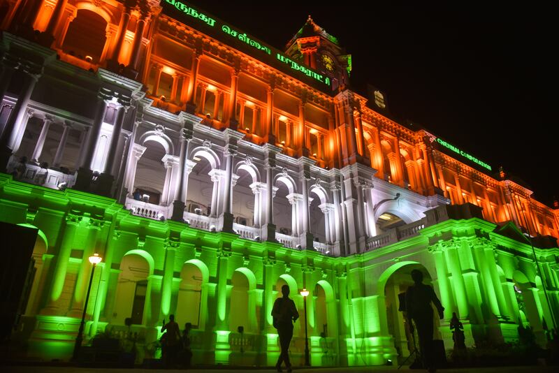 The Ripon Building in Chennai illuminated with the colours of the Indian flag on the eve of the country's 73rd Republic Day. EPA