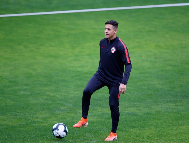 Chile forward Alexis Sanchez attends a training session at EPACCT Frederico Antonio Germano Menzen, Sao Paulo, Brazil. Reuters