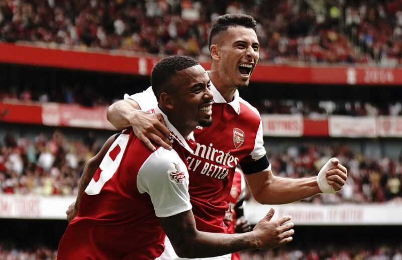 Arsenal's Gabriel Jesus celebrates with Gabriel Martinelli after scoring his third goal. PA