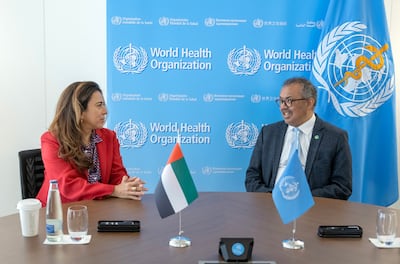 Lana Nusseibeh, Assistant Minister of Foreign Affairs for Political Affairs, with Dr Tedros Adhanom Ghebreyesus, WHO director general, at the global health body's headquarters in Geneva. Wam