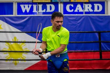 Filipino boxer Manny Pacquiao trains attends an afternoon training session at Wild Card Boxing in Los Angeles on June 20, 2019. Veteran trainer Freddie Roach says Manny Pacquiao has rediscovered his aggressive streak as the one-month countdown to his battle with welterweight champion Keith Thurman got under way on June 20. / AFP / Apu Gomes