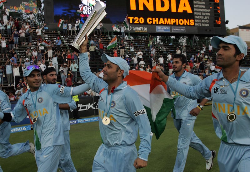 India celebrate their win over Pakistan in the final of the inaugural T20 World Cup final on September 24, 2007. AFP