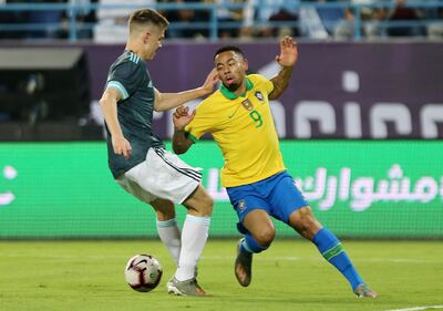 Soccer Football - International Friendly - Brazil v Argentina - King Saud University Stadium, Riyadh, Saudi Arabia - November 15, 2019   Brazil's Gabriel Jesus in action with Argentina's Juan Foyth   REUTERS/Ahmed Yosri