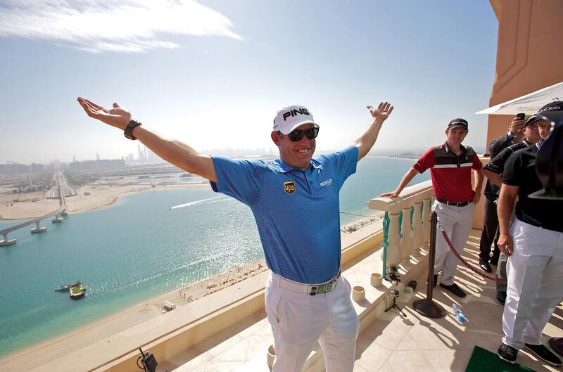 Lee Westwood celebrates after his ball finished closest to the flag at the Atlantis Hotel. Courtesy Atlantis