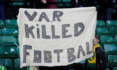 Soccer Football - Premier League - Norwich City v Crystal Palace - Carrow Road, Norwich, Britain - January 1, 2020  Norwich City fans hold up a banner regarding VAR after the match     Action Images via Reuters/Peter Cziborra  EDITORIAL USE ONLY. No use with unauthorized audio, video, data, fixture lists, club/league logos or "live" services. Online in-match use limited to 75 images, no video emulation. No use in betting, games or single club/league/player publications.  Please contact your account representative for further details.