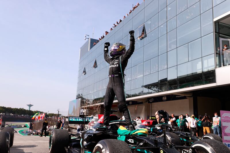 Hamilton after winning the 2021 Brazilian GP in Sao Paulo. AP