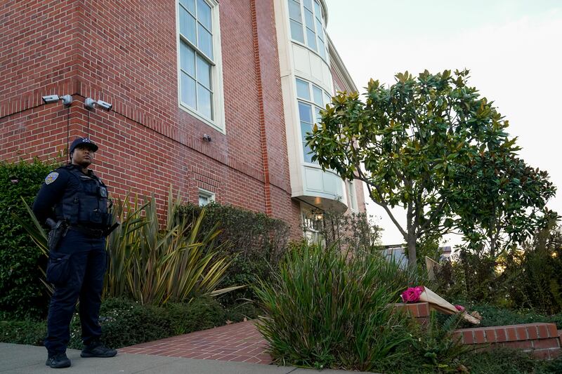 A police officer at the home of Paul Pelosi, husband of House Speaker Nancy Pelosi, in San Francisco on Friday. AP