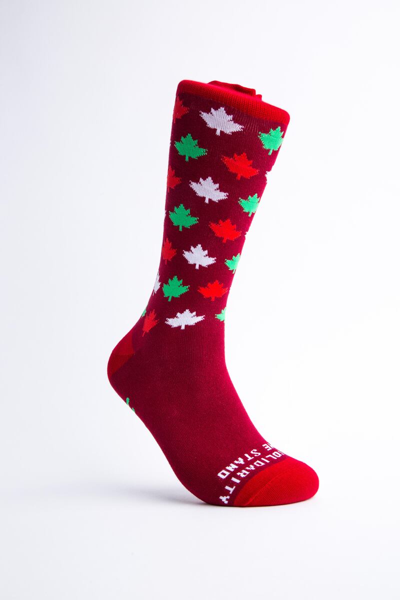 The Solidarity sock: “With all the unrest in the world, we wanted to create a sock that showcases our pride in being Canadian. The maple leaf not only represents Canada and its diverse population, but it is also a symbol of peace and unity.”