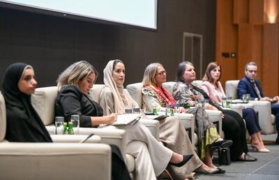 Panelists take part in a discussion on the role of female leadership in the climate agenda at the Anwar Gargash Diplomatic Academy in Abu Dhabi. Sixty per cent of the academy's graduates since 2016 have been women. Khushnum Bhandari / The National
