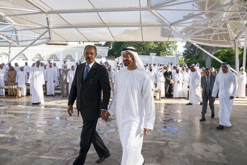ABU DHABI, UNITED ARAB EMIRATES - December 23, 2019: HH Sheikh Mohamed bin Zayed Al Nahyan, Crown Prince of Abu Dhabi and Deputy Supreme Commander of the UAE Armed Forces (2nd L) receives HE Isaias Afwerki, President of Eritrea (L), during a Sea Palace barza.

( Mohamed Al Hammadi / Ministry of Presidential Affairs )
---