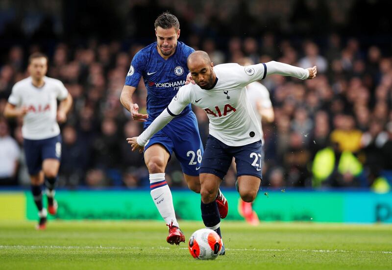 Tottenham Hotspur's Lucas Moura in action with Chelsea's Cesar Azpilicueta during Saturday's 2-1 Premier League defeat to the Blues at Stamford Bridge. Reuters