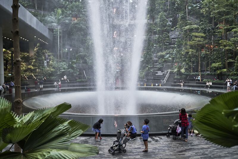 The Rain Vortex indoor waterfall feature at Jewel Changi Airport. Photo: Lauryn Ishak / Bloomberg