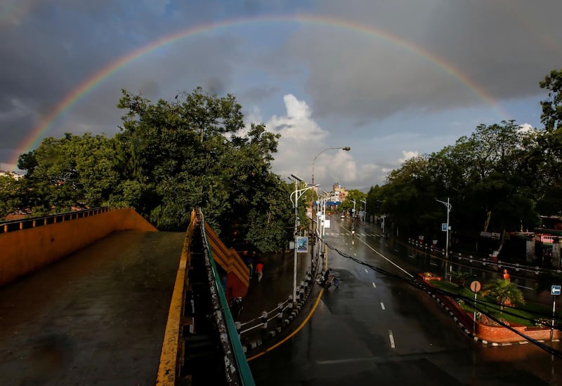 A rainbow appears above the deserted streets of Kathmandu during the lockdown imposed by the government amid concerns about the spread of coronavirus disease (COVID-19), in Kathmandu, Nepal. REUTERS