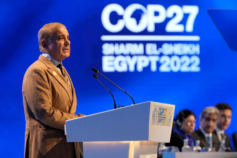 Pakistan's Prime Minister Shehbaz Sharif speaks at Cop27. AP